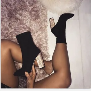 New Winter Middle Cylinder Ankle Pointed Toe Ladies Metal Sequins Crude High Heels Booties Elastic Force Socks Women Shoes