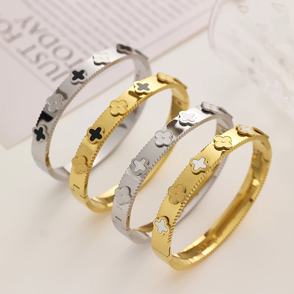 XIXI Wholesale Designer Famous Branded Custom 18K Gold Plated Four Leaf Clover Stainless Steel Fashion Jewelry Bracelet Bangle