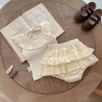 Ins Infant summer backless sleeveless ruffled collar top baby girl Princess double layer Bud-waisted shorts