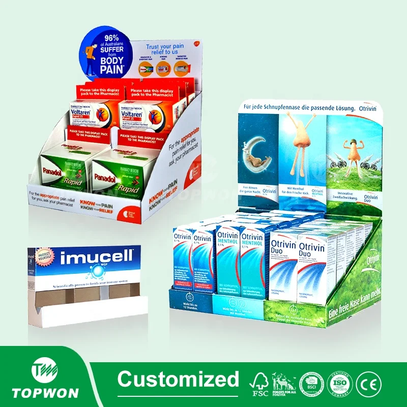 Custom Vitamin Bottle Supplement Display Racks for Pharmacy Drugstores, Cardboard Medicine Store Retail Pharmacy Display Stand