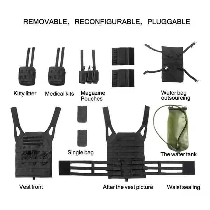 Black Leather Shoulder Molle Pouches Plate Carrier Training Tactical Vest with Water Bag 7