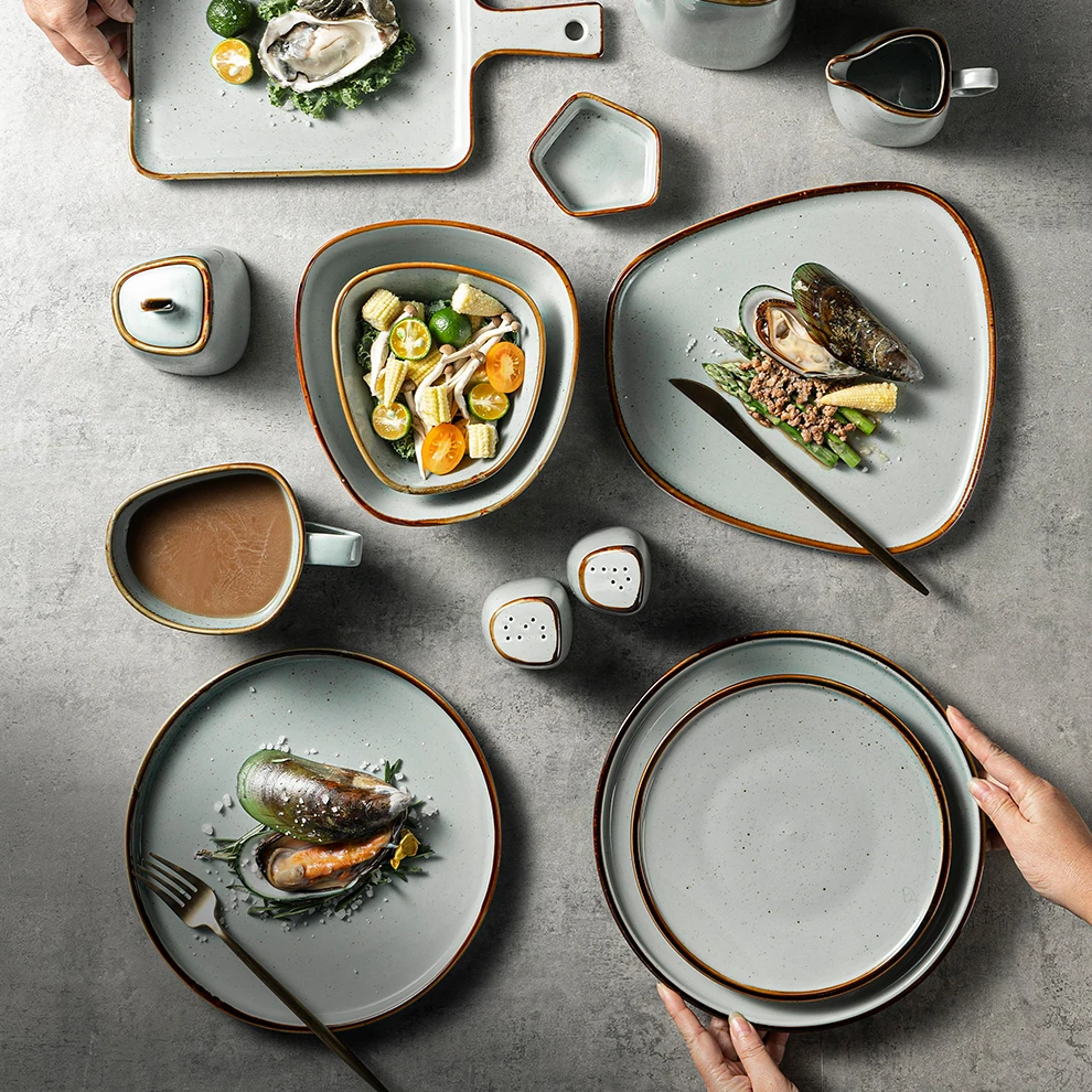 JiuJiuJu Scandinavian Style Speckled Matte Grey Ceramic Plate Rustic Nordic Design for Restaurant Hotel Porcelcain Plate Speckle