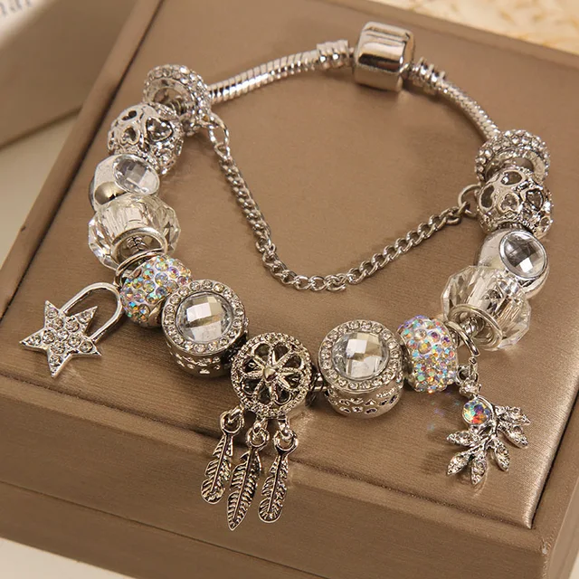 High quality silver plated crystal dream catcher charm bracelet adjustable heart key pendant bracelet for women