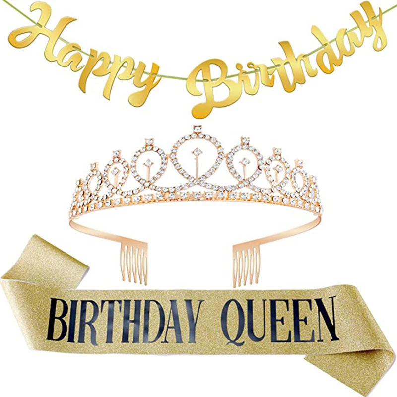 Happy Birthday Head Piece Rhinestone Happy Birthday Tiara Gold Happy Birthday Crown Accessoires Haaraccessoires Kransen & Tiaras Happy Birthday Gold & Hot Pink Rhinestone Tiara 