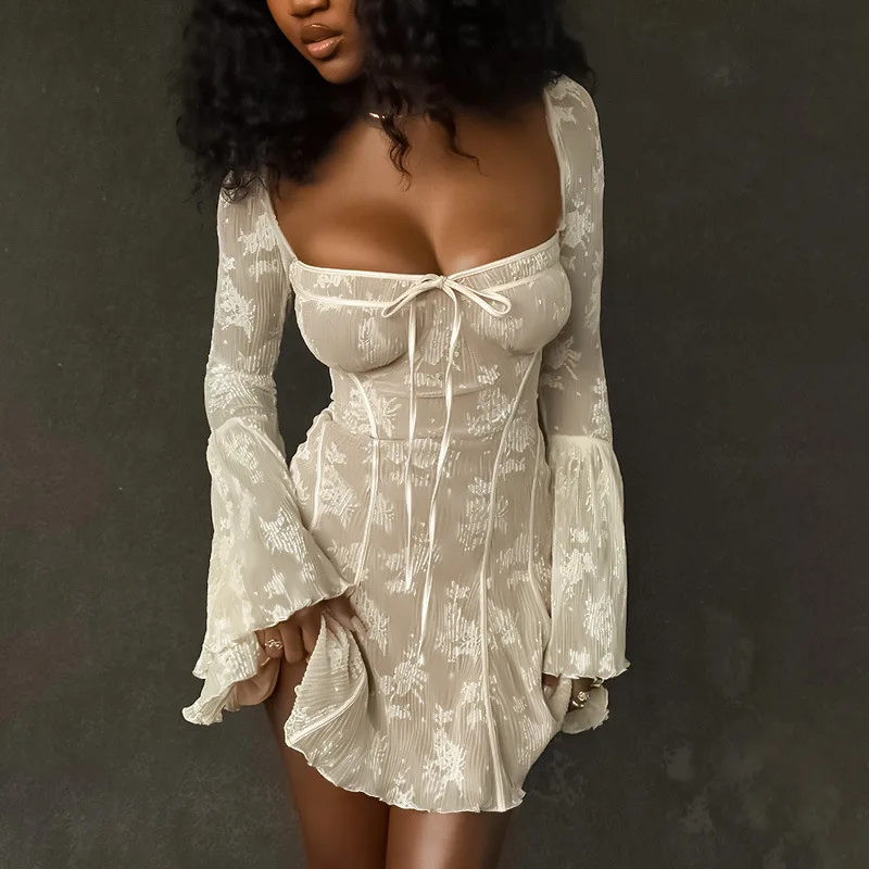 Luxury Elegant Print Women Dress Autumn Square-neck Long Sleeve Lace up  Mini Dresses Aesthetic Backless Loose Party Club Dress| Alibaba.com