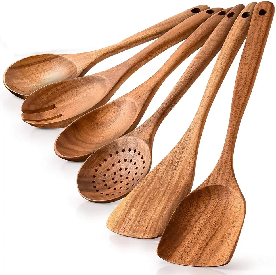 NAYAHOSE Wooden Spoons for Cooking, 4 Pcs Wooden Natural Teak Wood Spatulas  Spoon, Nonstick Kitchen Utensil Set