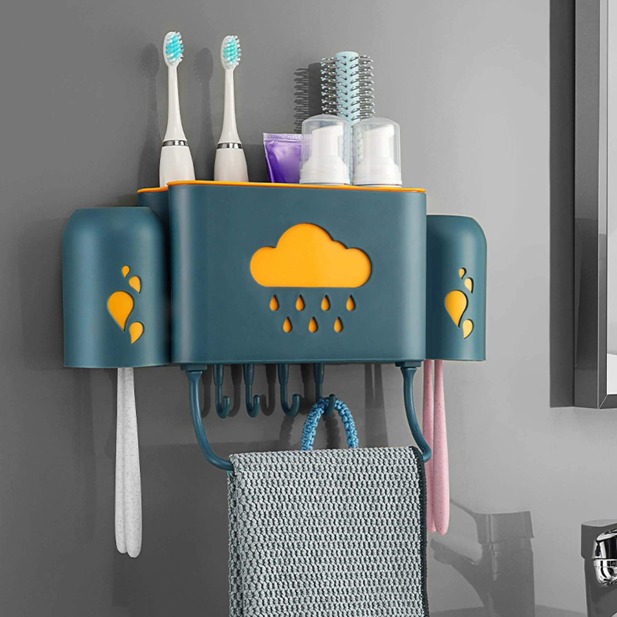 Prateleira de Armazenamento Multifuncional para Banheiro em Plástico - Organizador de Parede sem Perfuração para Casa e Banheiro com 2 Copos, Durável