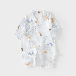 Unisex Children's Summer Ultra-Thin Long Sleeve Romper Baby Gauze Jumpsuit Cartoon Newborn Crawling Suit 100% Cotton Air