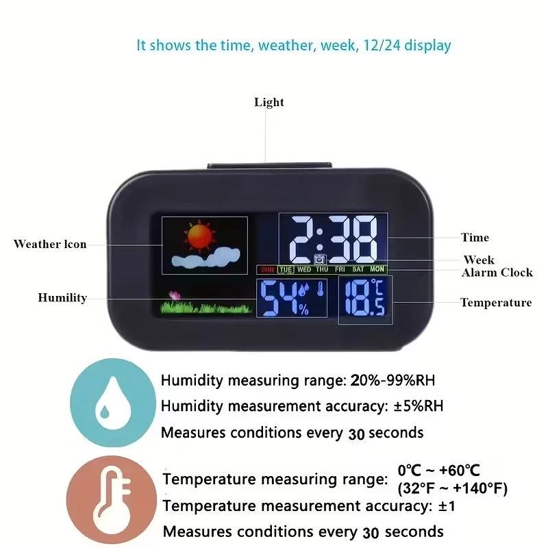 Multifunction Colorful Display Weather Station Alarm Clock Calendar Temperature Weather Forecast Clock