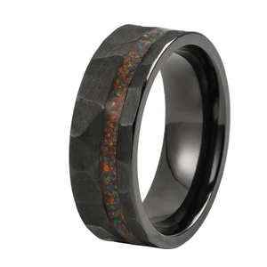 8mm Fashion Hammered Black Zirconium Ring with Offset Colorful Fire Opal Inlay Men Ring Black Zirconium Wedding Bands