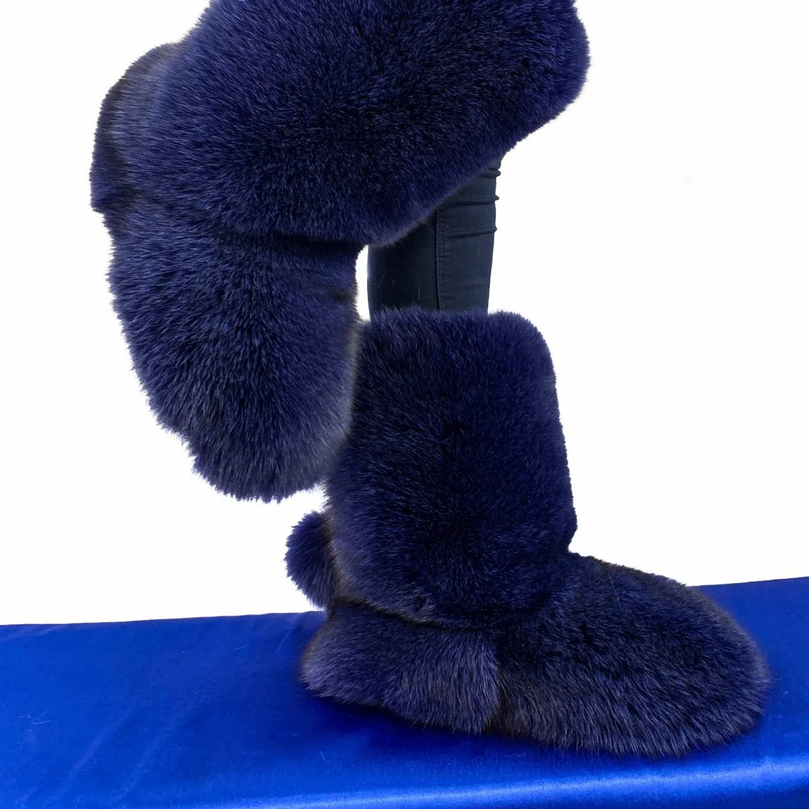Women's Dark Blue Genuine Leather Fox Fur Boots Flat Heel Breathable Dyed Fur Lining