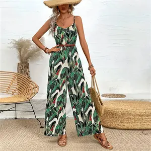 Leaf Printed Camisole Wide Leg Pants Strap Women's Camisole Sleeveless Jumpsuit