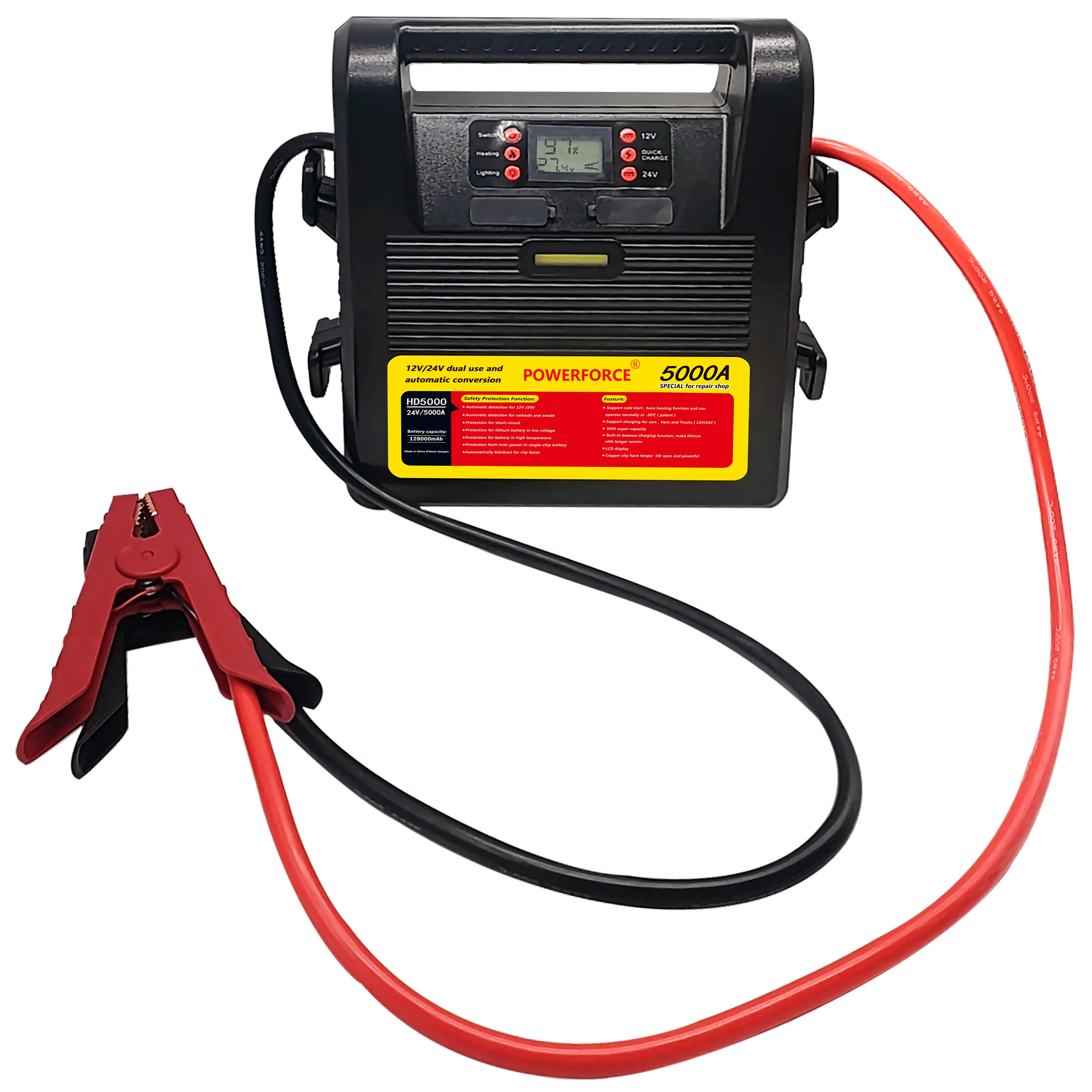 5000 Peak Amp Jump Starter 12V/24V Truck Battery Booster Pack With Commercial Jumper Cables DC/USB Power for Charging Phones 5000 Peak Amp Jump Starter 12V/24V Truck Battery Booster Pack With Commercial Jumper Cables DC/USB Power for Charging Phones
