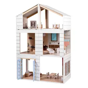 Wooden Dollhouse Play Set with Mini Furniture Realistic Modular Rooms for Kids Pretend Play and Imaginative Toy