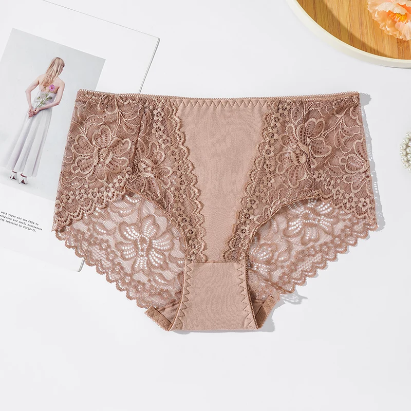 Hot Sale Ladies Lace Underwear Mid Waist Transparent Hollow Out