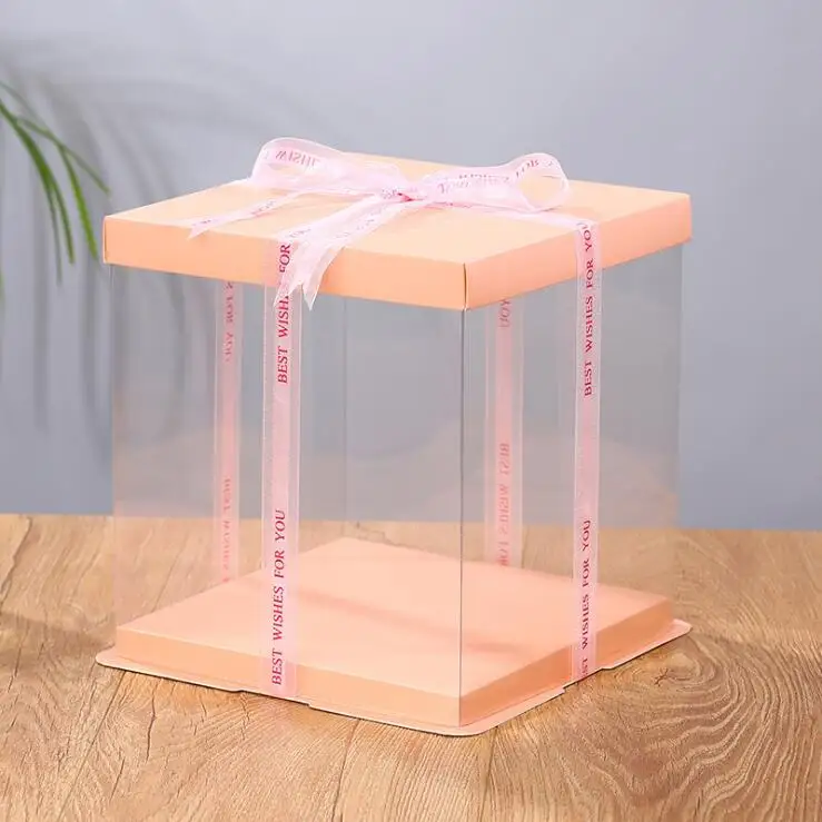 STOCK BOX Ready to Send Direct Factory  Transparent clear Display PVC Box Plastic Cake Box with Ribbon Custom Design Accepted