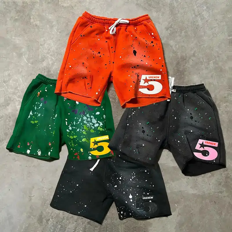 Custom Men Sweat Shorts French Terry Drawstring Heavy Cotton Paint Splatter Fleece Vintage Acid Wash 3D Puff Print Shorts Unisex