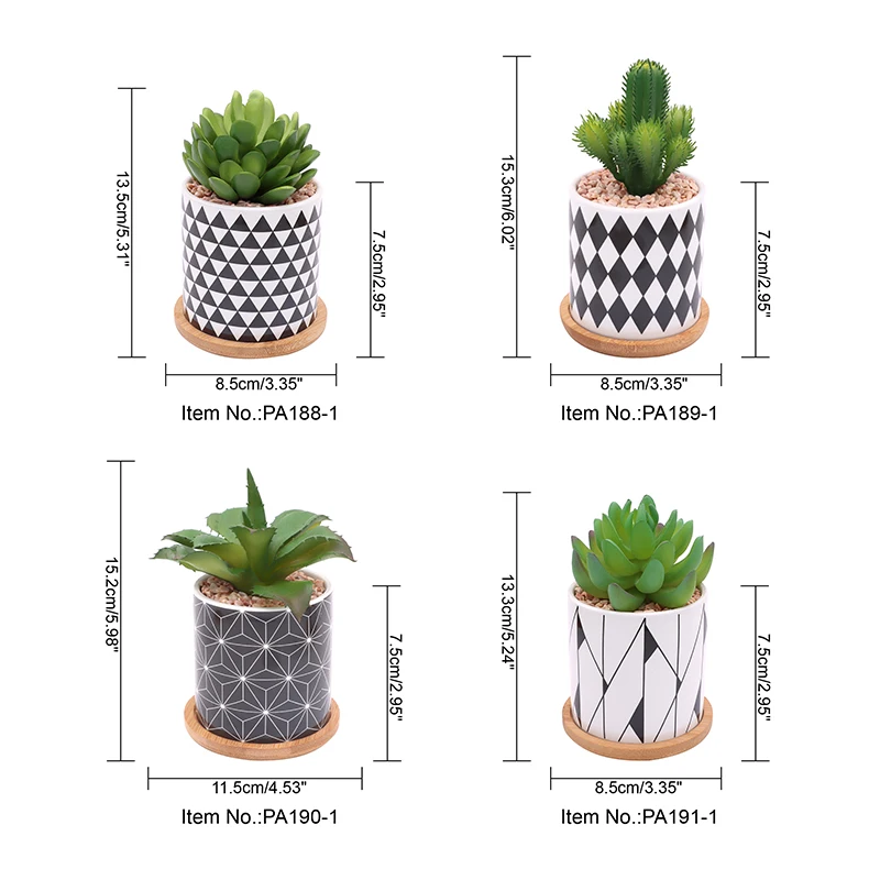 Set of 4 Artificial Cactus Lotus Plants Ceramic Pot With Bamboo Tray Real Touch Succulents Shelf Decor