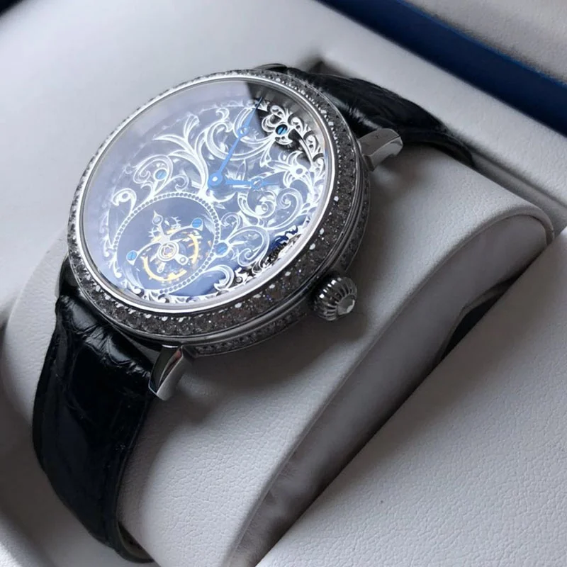 Free Ship Stock Luxury Carved Seagull 8000k Movement Skeleton Tourbillon Mechanical Diamond Sapphire Manual Winding Watch Man