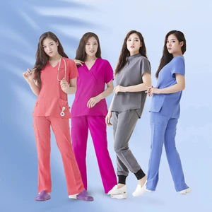OEM Women's Woven Nurse Scrubs Set with Custom Logo Short Sleeve Tops and Jogger Pants Medical Hospital Scrub Uniforms