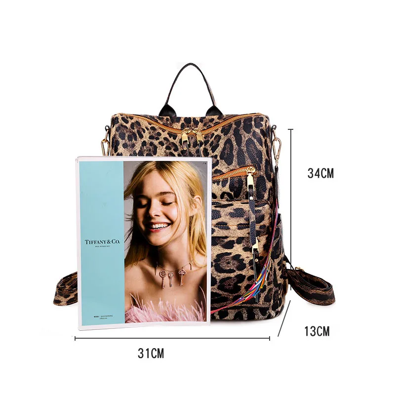 Women Backpack Personalized Zipper Women Monogrammed Retro Leopard PU Leather Backpack