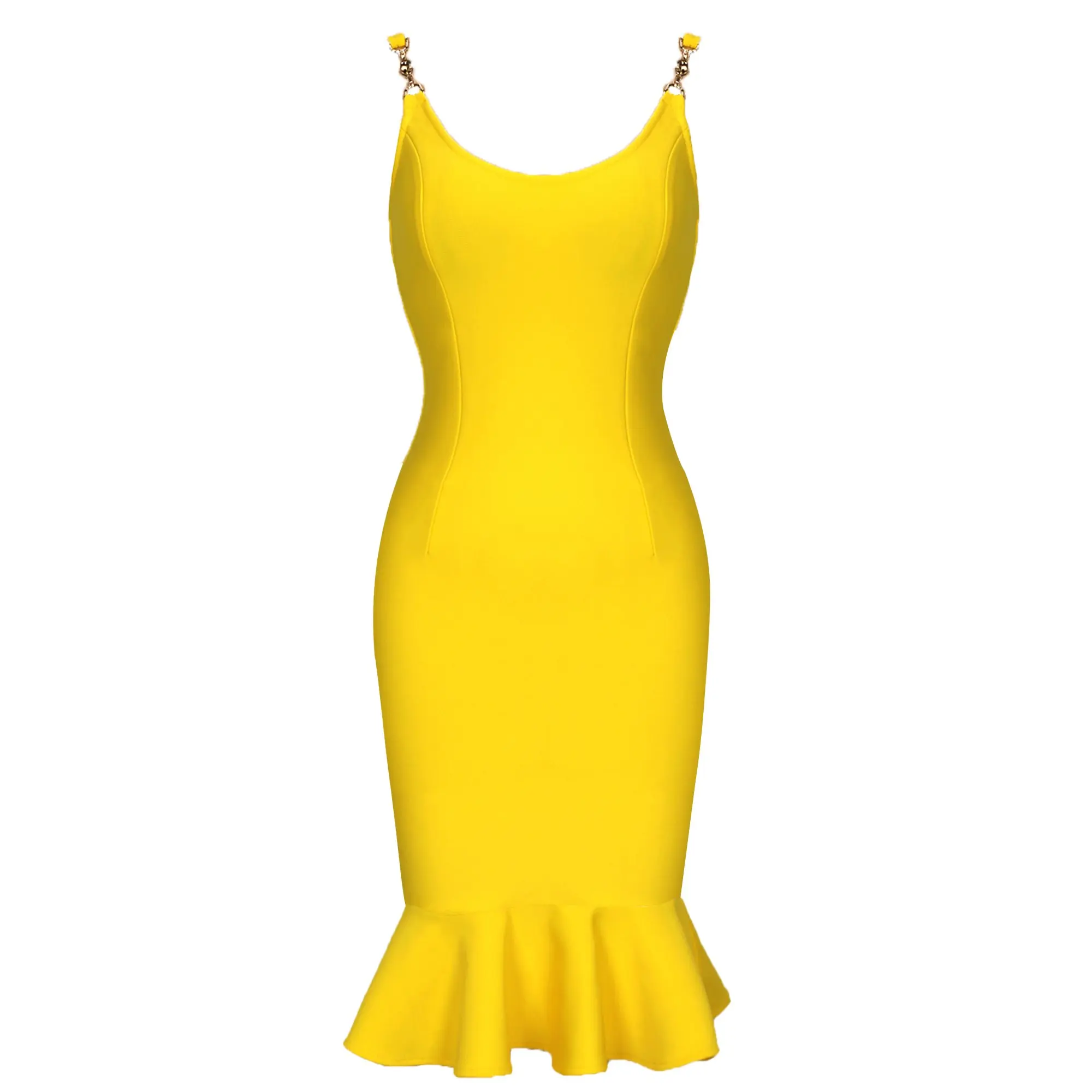Yellow Dress Strappy Sleeveless Frill Midi Bandaged Dress
