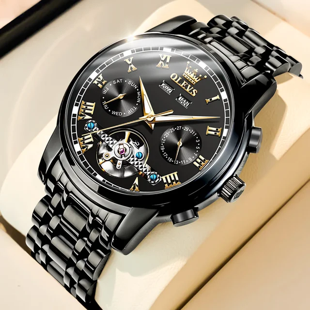 Olevs 6607 Fashion Sports Waterproof Automatic Moon Business Watch Reloj Mechanical Watches Luxury Tourbillon Mens Wrist Watches