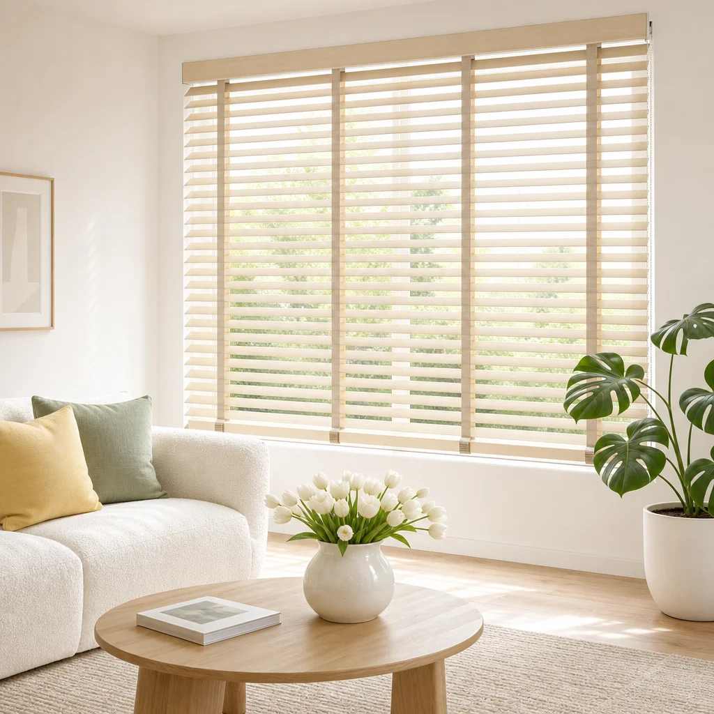 Horizontale Jalousien aus Paulownia-Holz in 50 mm Breite, Leiterband- und Kettensystem, natürliche Holzfarbe, kundenspezifische Größe, für Wohnzimmer, OEM-Fabrik