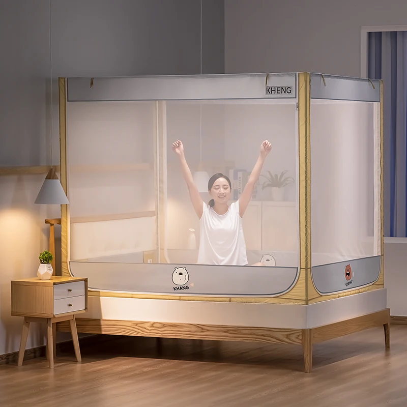 Kheng Elegant Dual-Color Anti-Fall Mosquito Net with Zipper Door Protective Bed Canopy for Bedrooms