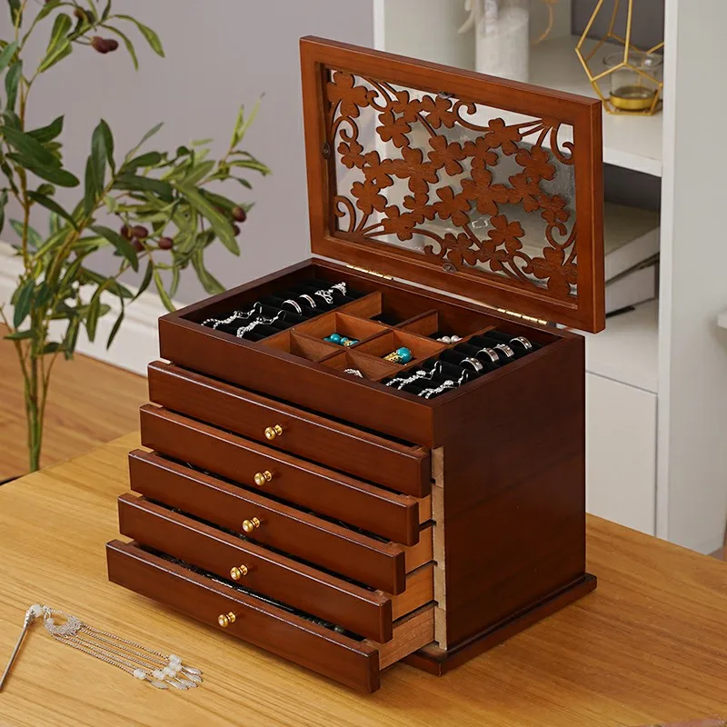Portagioie In Legno Vintage A Due Strati Con Specchio, Scrigno Portagioelli Con Chiave Per Regalo Donna