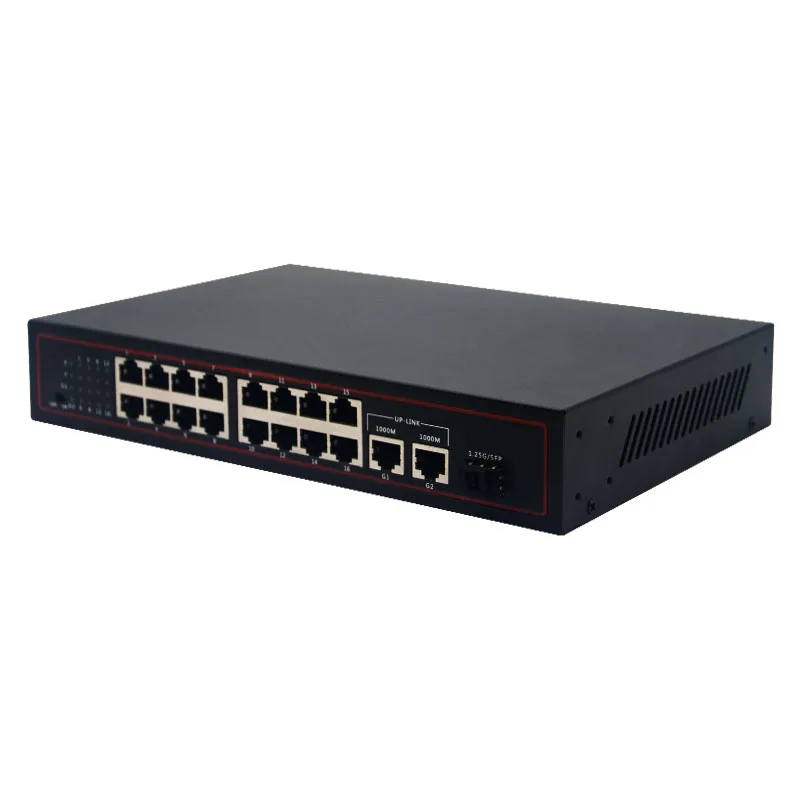 10/100Mbps 16 Port PoE With 2 Gigabit RJ45 Ethernet 1 SFP Fiber 48V IEEE802.3AT POE+ Switch manufacture