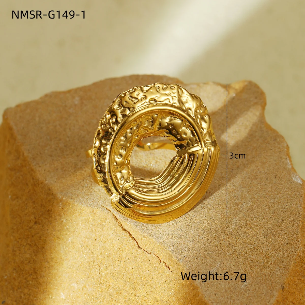 Chunky Irregular Geometric Hammered Lava Wrinkle Texture Rings  Womens Adjustable Opening Rings Stainless Steel 18K Gold Plated