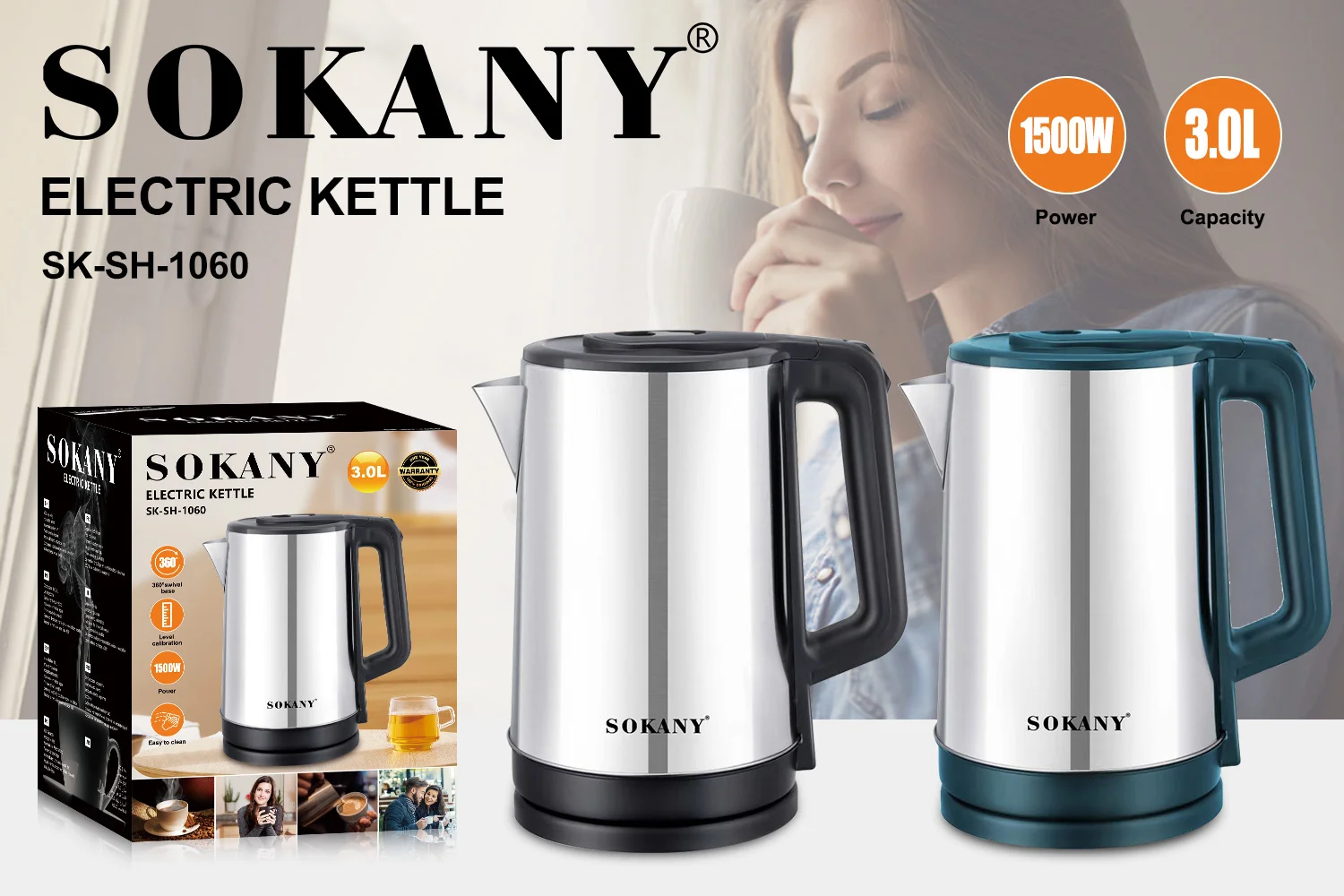 1pc Sokany Plug-in Type 1l High Power Electric Kettle Sk-613