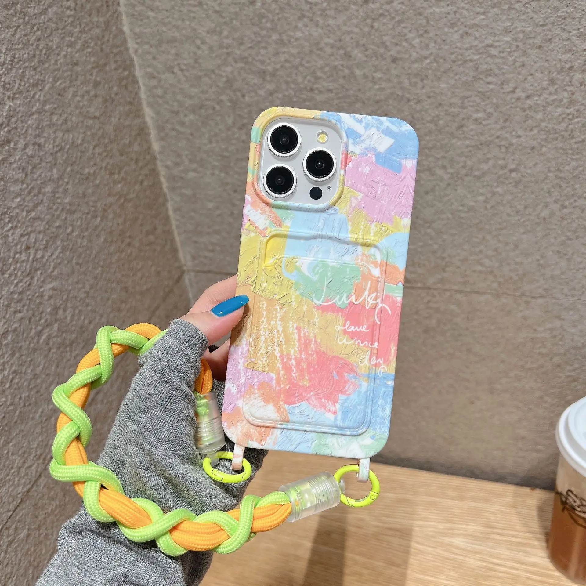 TPU Girl Colorful Oil Painting Water Decal Card Slot Hand-Woven Tote Mobile Phone Case For iPhone11 12 13 14 15 Pro Max Plus details