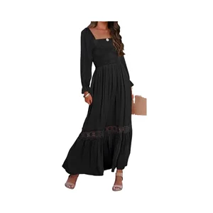 Women's Summer Casual Boho Maxi Dress Solid Long Sleeve Square Neck High Waist Flowy Chiffon Lace Trim Front Midi Length