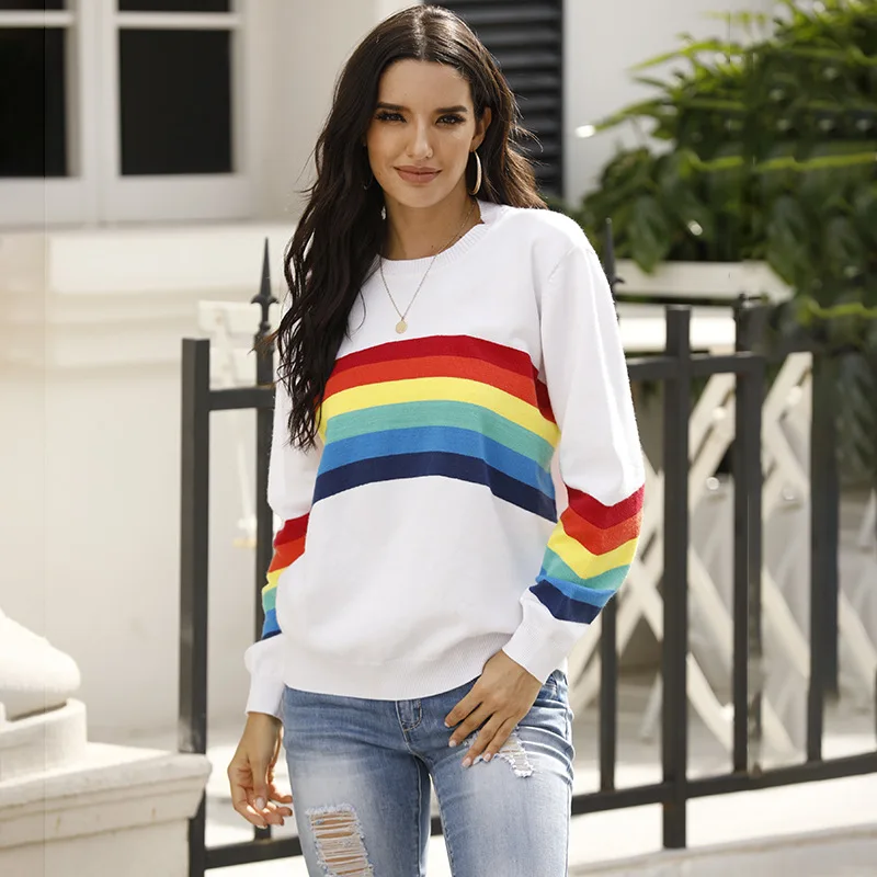 Fall New Student Knitwear Top Fashion Rainbow Stripe Long Sleeve Pullover Women