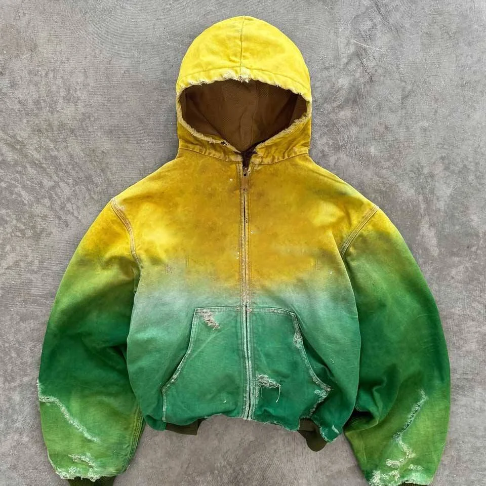 SALATI Custom Factory Gradient Dye Denim Work Jacket for Men Vintage Y2K Button Duck Canvas Hoodie Distressed Boxy Workers gallery 7