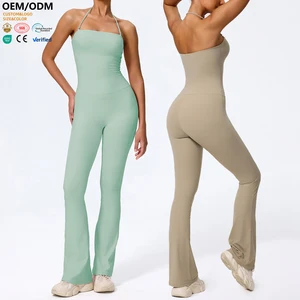 XW-XTLT04 Flare Pants Halter Neck Fitness Backless Yoga Sleeveless Wholesale One Piece Long Sports Gym Bodysuit for Women