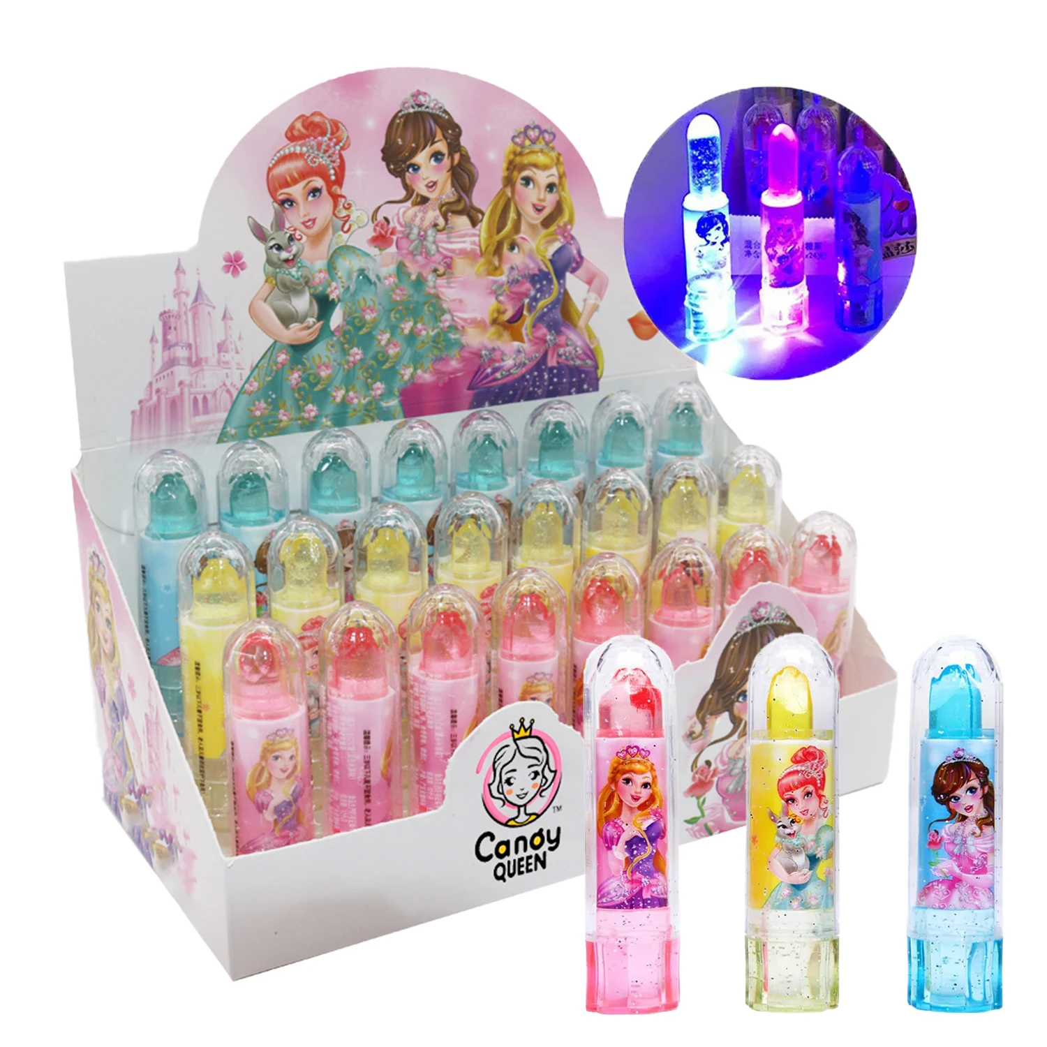 OEM Custom Personal Label Cartoon Toothbrush Shaped Lighting Toy Fruity Flavored Lollipop Flashing Sweets