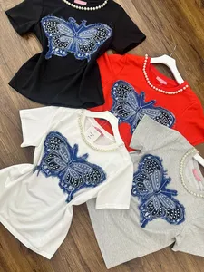 Ladies' Pearl Butterfly Multi-color Breathable Crew Neck Regular Fit Short Sleeve Summer Casual Knit T-shirt