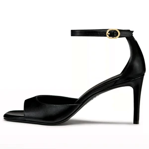 Black Leather Peep Toe Sandals Stiletto Heel Gold Buckle Ankle Strap Party Evening Dress Shoes Comfort Elegant Wholesale OEM ODM