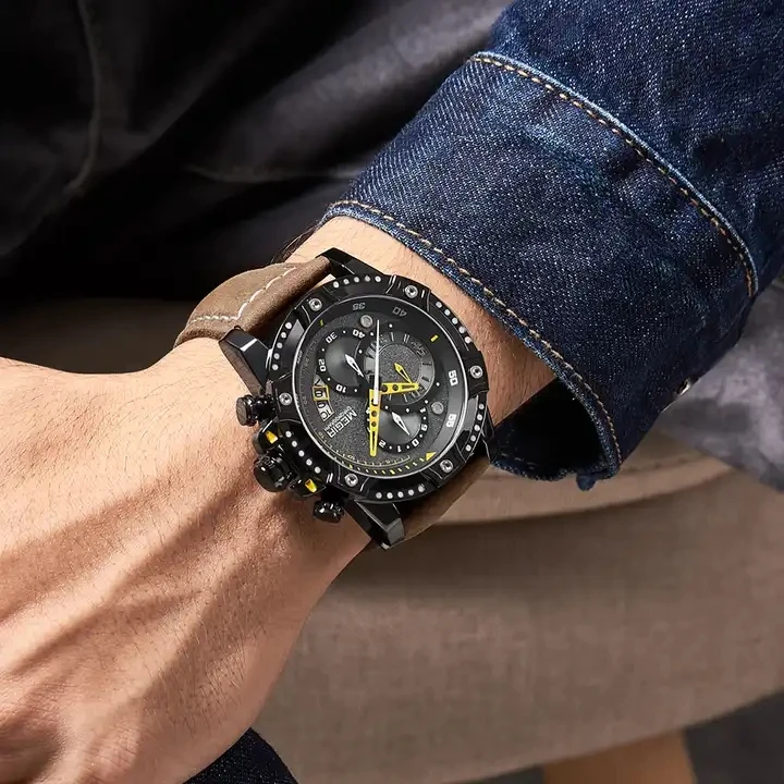MEGIR Orologio Uomo Cronografo Al Quarzo Con Cinturino In Pelle E Quadrante Grande - 2130 Marrone, Impermeabile 3ATM - 2