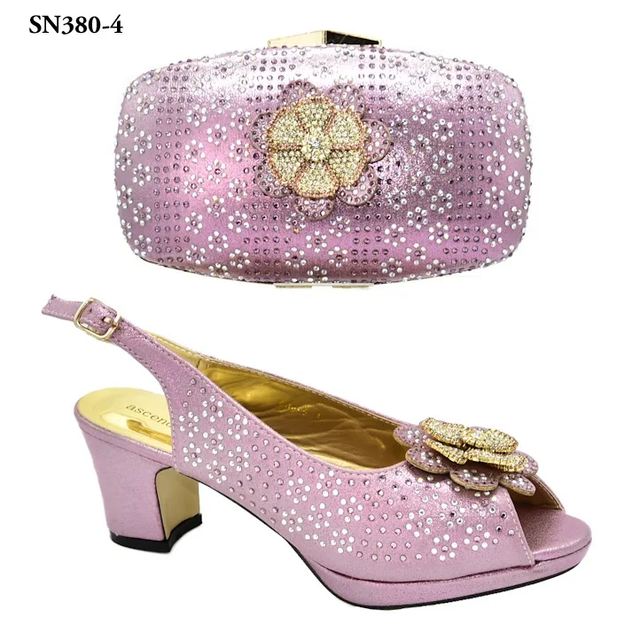 Italian Design Rhinestone Pink Color Women Shoes And Matching Bag