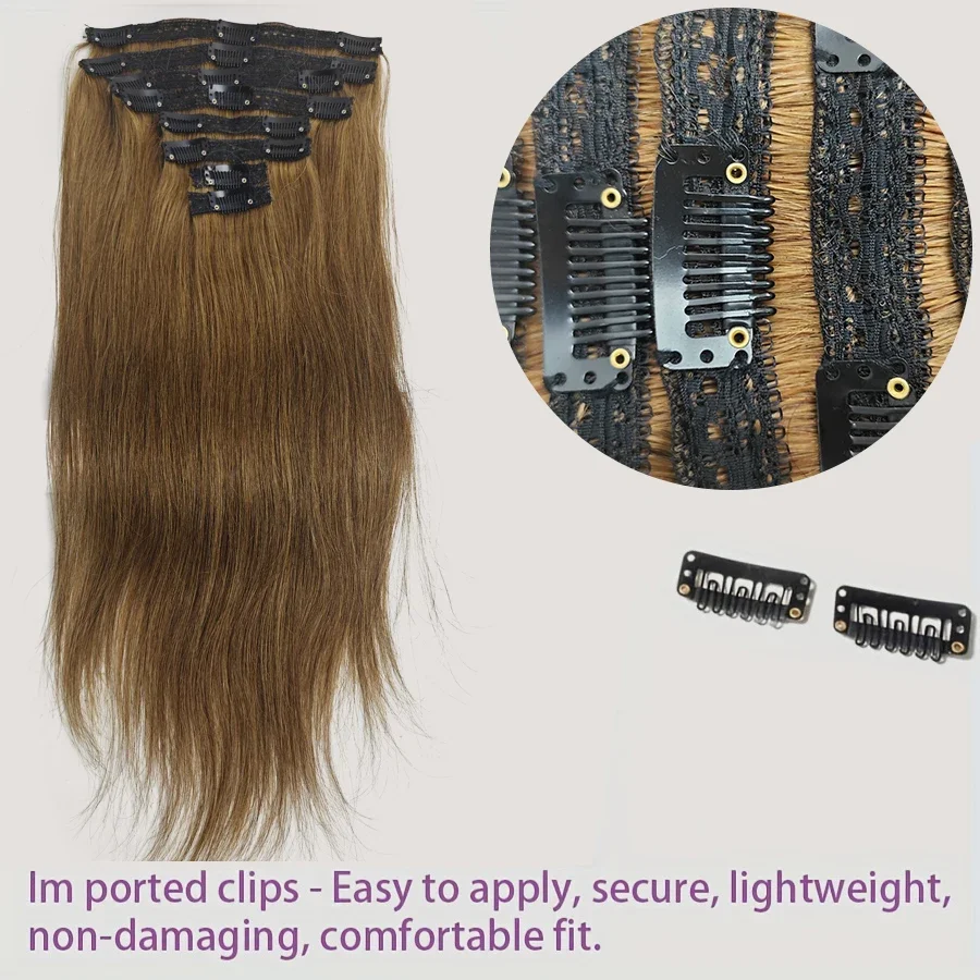 Echthaar Clip In Extensions Hellbraun Glatt 8 Teiliges Set_voghion.com