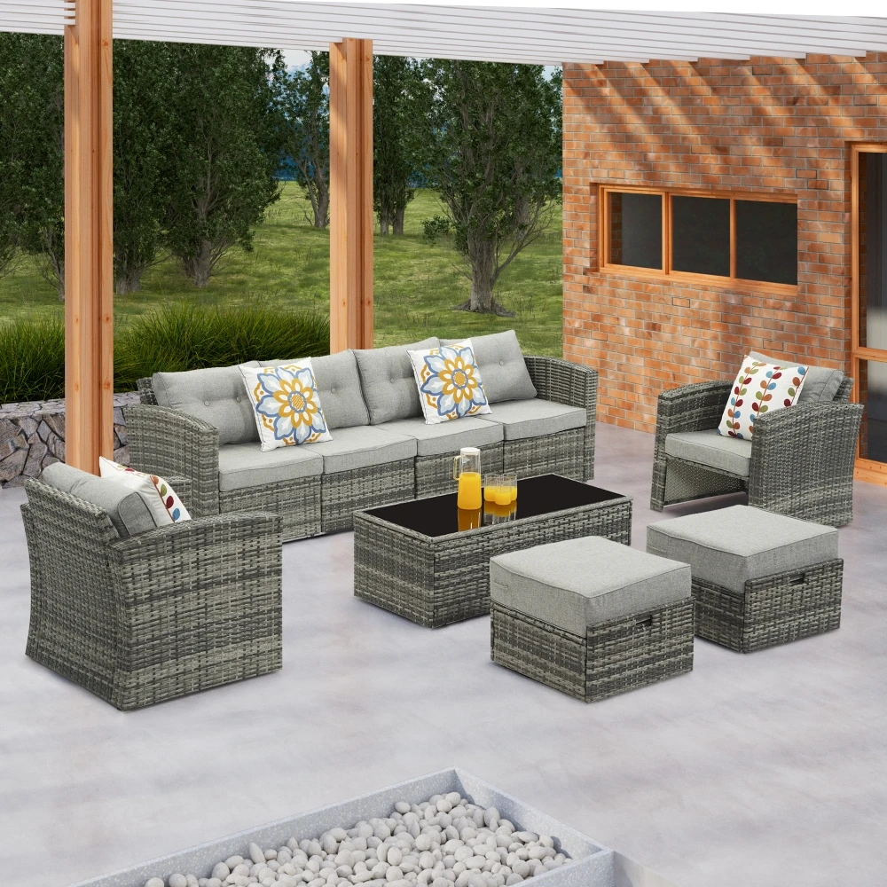 Grey Rattan Outdoor Modular Sectional Sofa Patio Couch Bed Sectional ...