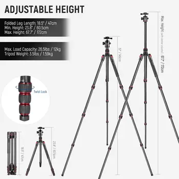 NEEWER 66"/168cm Carbon Fiber Tripod for Camera with 360° Panorama Ball Head, 1/4" Arca QR Plate, Portable Bag, Compact Travel detail image