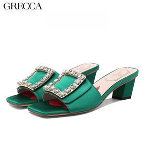 Women's Green High Heel Sandal by GRECCA, Sparkling Rhinestone Square Buckle, Block Heel, Stylish Open -Toe Design for Occasions