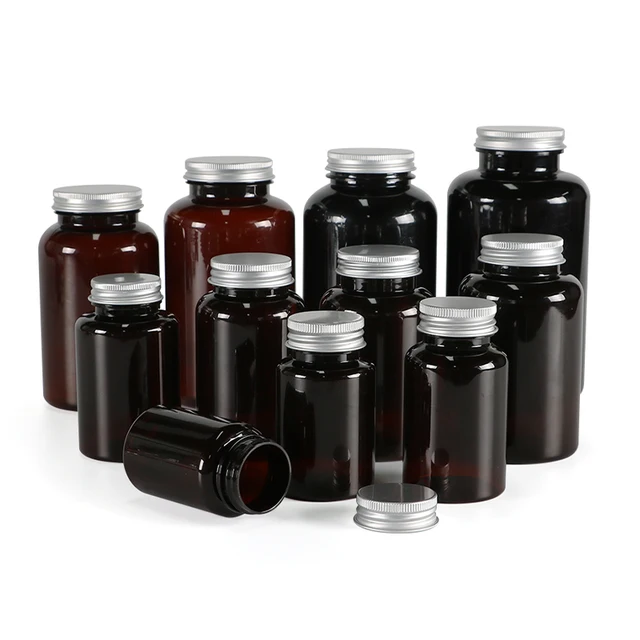 PET Glossy Black Plastic Pill Packers Bottles 100cc 120cc 150cc 200cc 250cc with Aluminum cover Metal cover