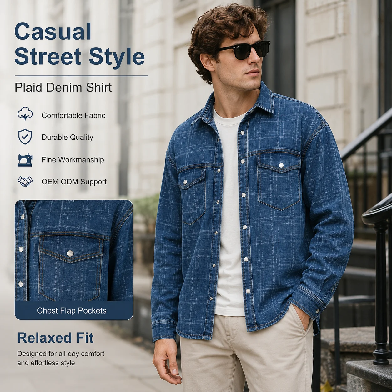Mens Blue Plaid Denim Shirt Jacket and Wide Leg Pants Set Casual Long Sleeve Outfit