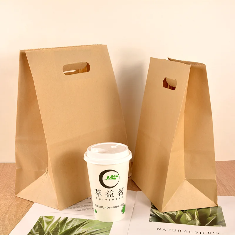 Wholesale Brown Kraft Paper Die Cut Handle Bag Paper Food Packaging for Fast Food Bread Cookie Take Away Food Packaging Bag